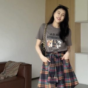 Cartoon Print T-Shirt and Plaid Skirt Set Summer Fashion