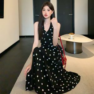 2026 Summer Polka Dot Halter Neck Cinched Waist Dress with Bow Backless Slit Long Dress