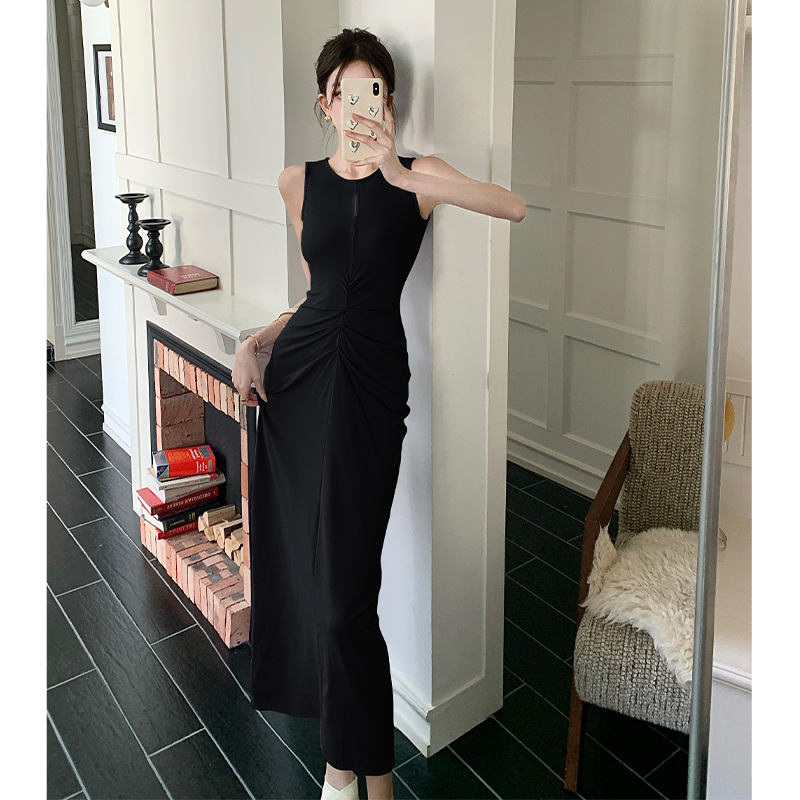 2026 Spring Summer French Style Purple Ruched Tank Dress Women Slim Fit Long Dress - Image 2