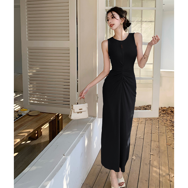 2026 Spring Summer French Style Purple Ruched Tank Dress Women Slim Fit Long Dress - Image 4
