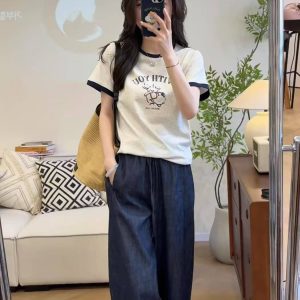 Crewneck Colorblock Print T-Shirt and Lightweight Tencel Jeans Two-Piece Set