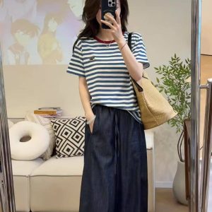 Striped Embroidered Blue Tee and Slimming Faux Tencel Denim Shorts Set