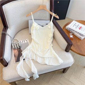 Pure Desire Style 3D Flower Ribbon Cami Top Women Summer New Irregular Sweet Hot Sleeveless Top
