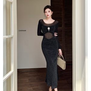 2026 Spring Black Sequin Mesh Long Sleeve Mermaid Dress for Women