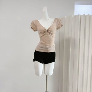 Women's Tencel Wool V-Neck Twist Short Sleeve T-Shirt Spring Lazy Slimming Top