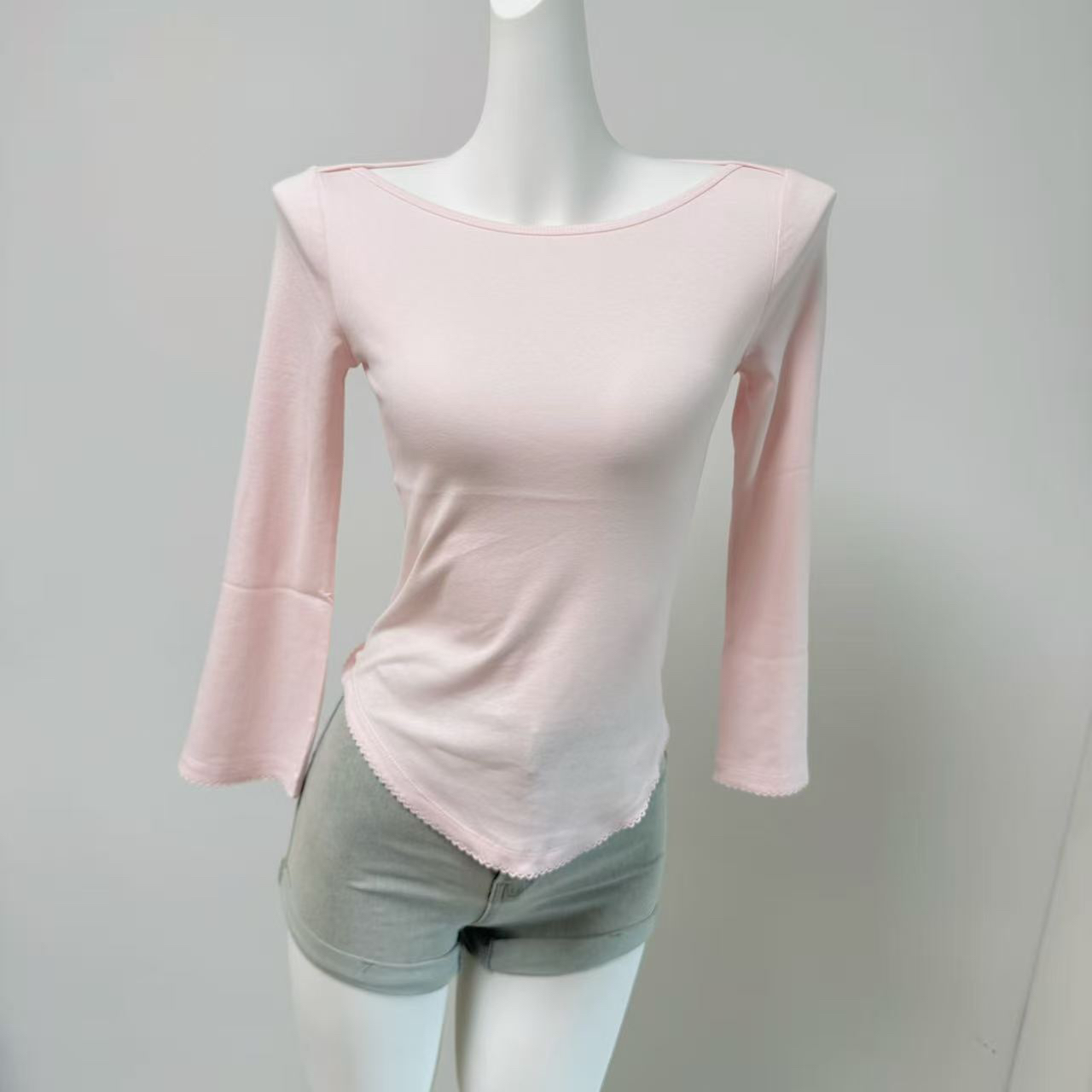 Women's Embroidered Scallop Trim Boat Neck 3/4 Sleeve Slim Fit T-Shirt - Image 3