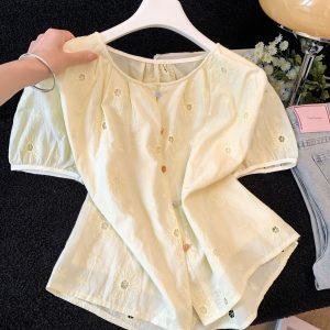 Floral Cutout Short Sleeve Shirt for Women 2026 Summer Doll Top with Colorful Buttons