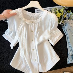 Sweet Bow Tie Short Sleeve Shirt Women Summer 2026 New Loose Fit Blouse