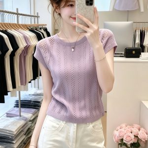 Women's Purple Slim Fit Short Sleeve Round Neck T-Shirt 2026 Summer Unique Design
