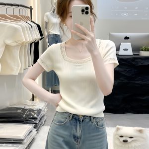 White Square Neck Lace Trim Short Sleeve T-Shirt Women 2026 Summer French Style