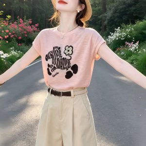 Peach Pink Round Neck T-Shirt Women 2026 Summer Loose Short Sleeve Print Sweet Style Top