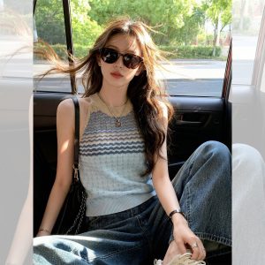 Blue Colorblock Halter Striped Textured Cami Top for Women 2026 Summer Korean Style