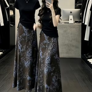 Women's Black Drawstring Hem Slimming Short Sleeve T-Shirt 2026 Summer Korean Chic Top