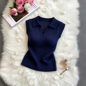 Women's Navy Slim Fit Hollow Out Halter Vest 2026 Summer Retro Knit Top