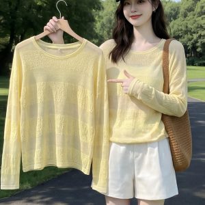 Yellow Crew Neck Long Sleeve Sun Protection Cover Up Women 2026 Summer Loose Dopamine Outfit Top