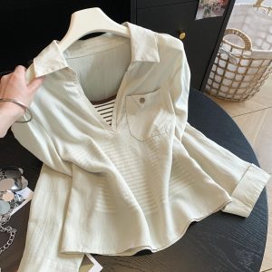 Early Autumn Korean V-Neck Sheer Sun Protection Shirt with Striped Camisole Two-Piece Set