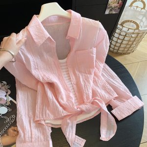 Early Autumn Korean Lazy Style Sheer Sun Protection Shirt with Striped Camisole Two-Piece Set