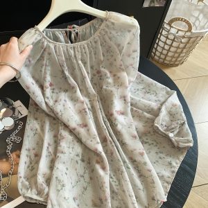 Floral Puff Sleeve Tie Long Sleeve Cotton Linen Sun Protection Shirt Women Summer Lightweight Age Reducing Loose Slimming Blouse
