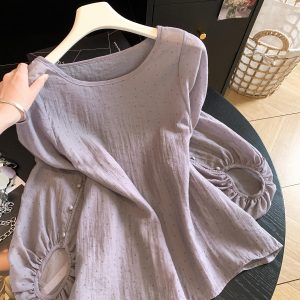 Korean Style Ramie Round Neck Puff Sleeve Polka Dot Floral Shirt Women Summer New Loose Slimming Sun Protection Top