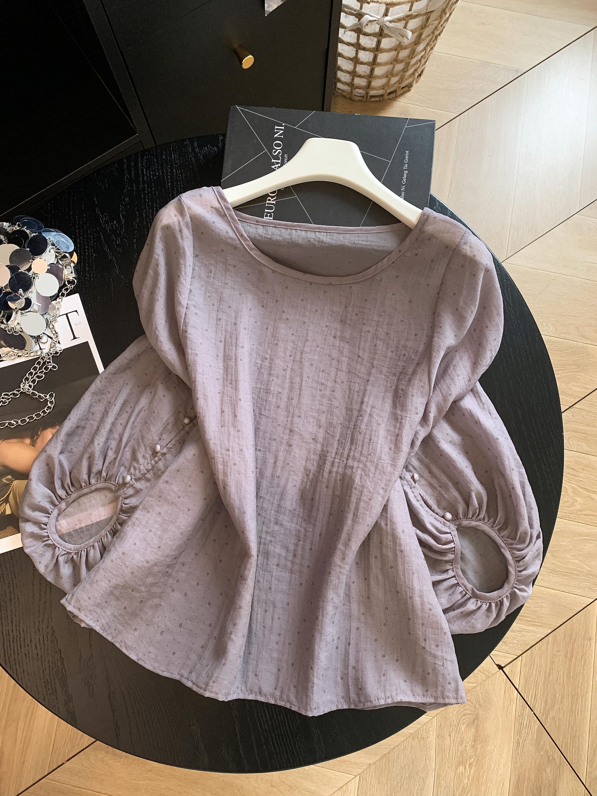 Korean Style Ramie Round Neck Puff Sleeve Polka Dot Floral Shirt Women Summer New Loose Slimming Sun Protection Top - Image 2
