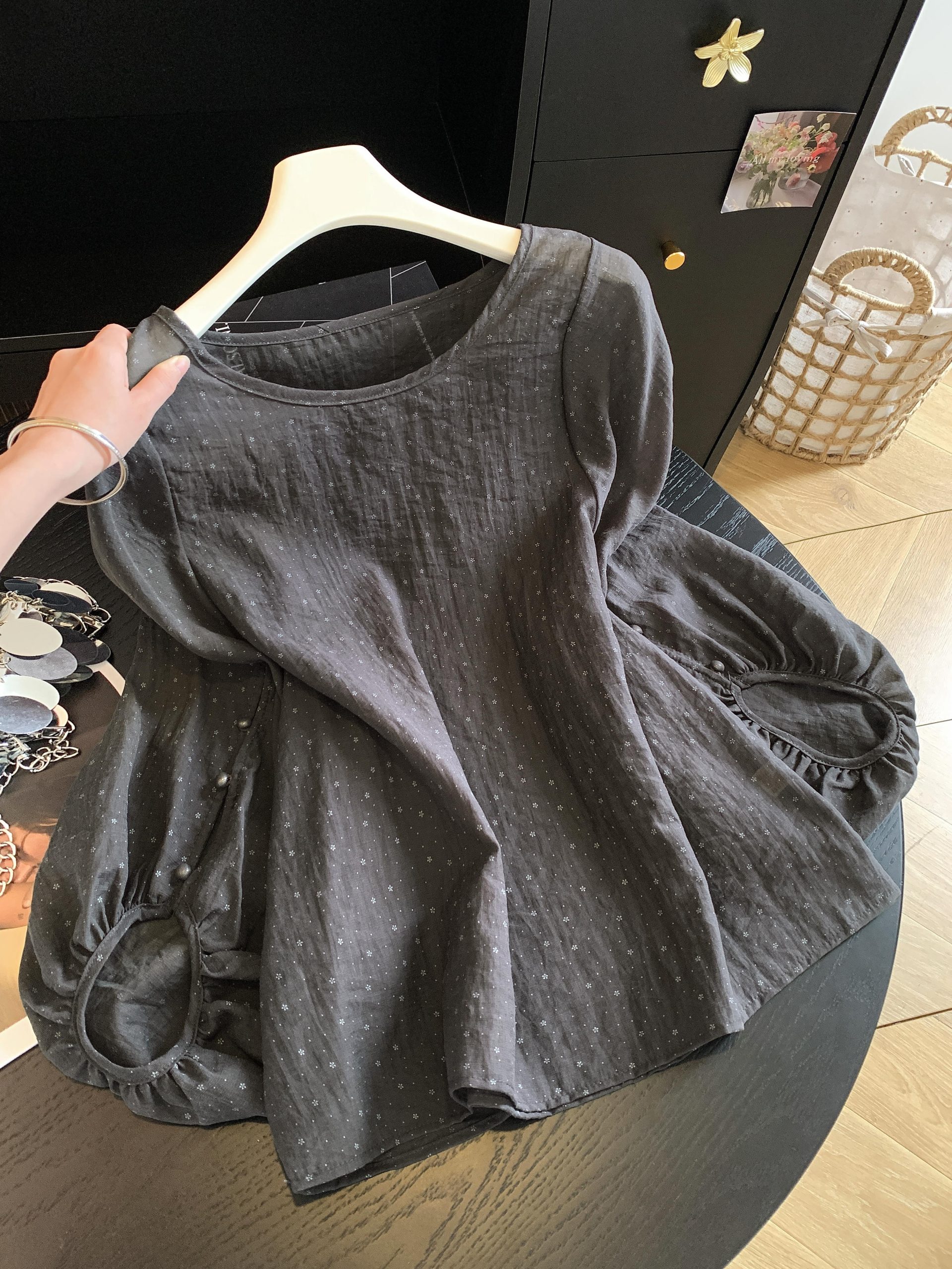 Korean Style Ramie Round Neck Puff Sleeve Polka Dot Floral Shirt Women Summer New Loose Slimming Sun Protection Top - Image 3