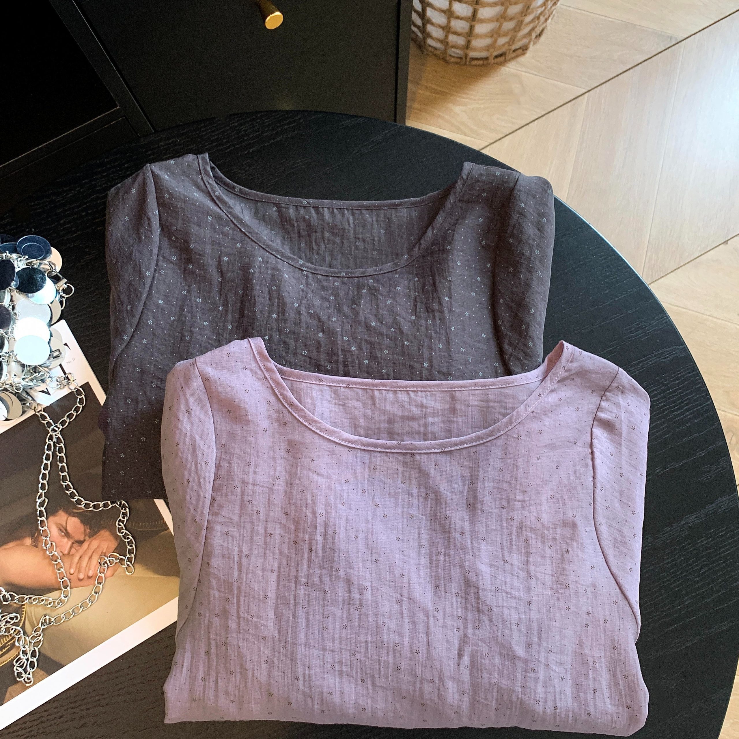 Korean Style Ramie Round Neck Puff Sleeve Polka Dot Floral Shirt Women Summer New Loose Slimming Sun Protection Top - Image 5