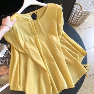 Korean Style Ramie Round Neck Lantern Sleeve Shirt Women Summer New Loose Slimming Sun Protection Blouse Top