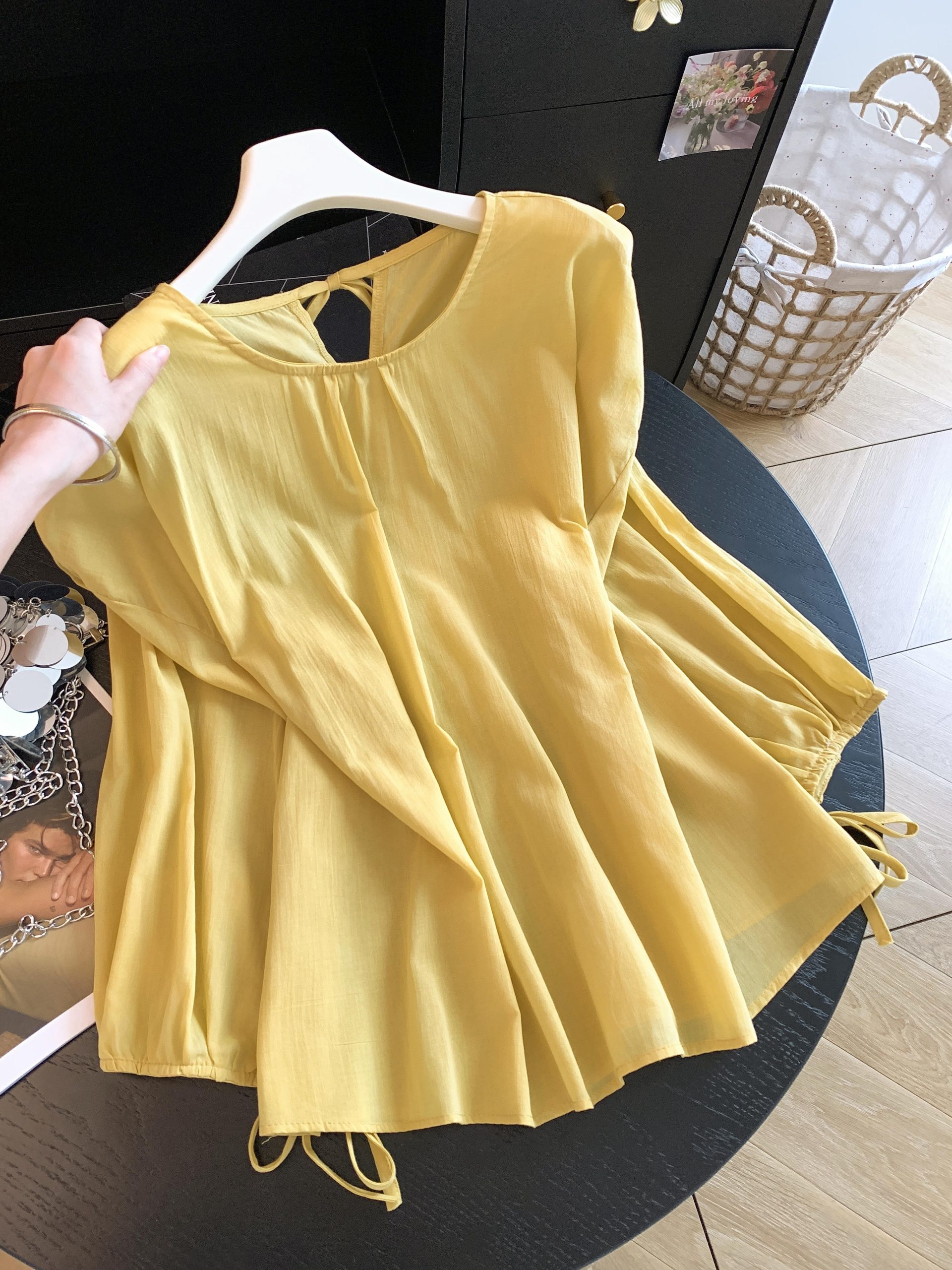 Korean Style Ramie Round Neck Lantern Sleeve Shirt Women Summer New Loose Slimming Sun Protection Blouse Top