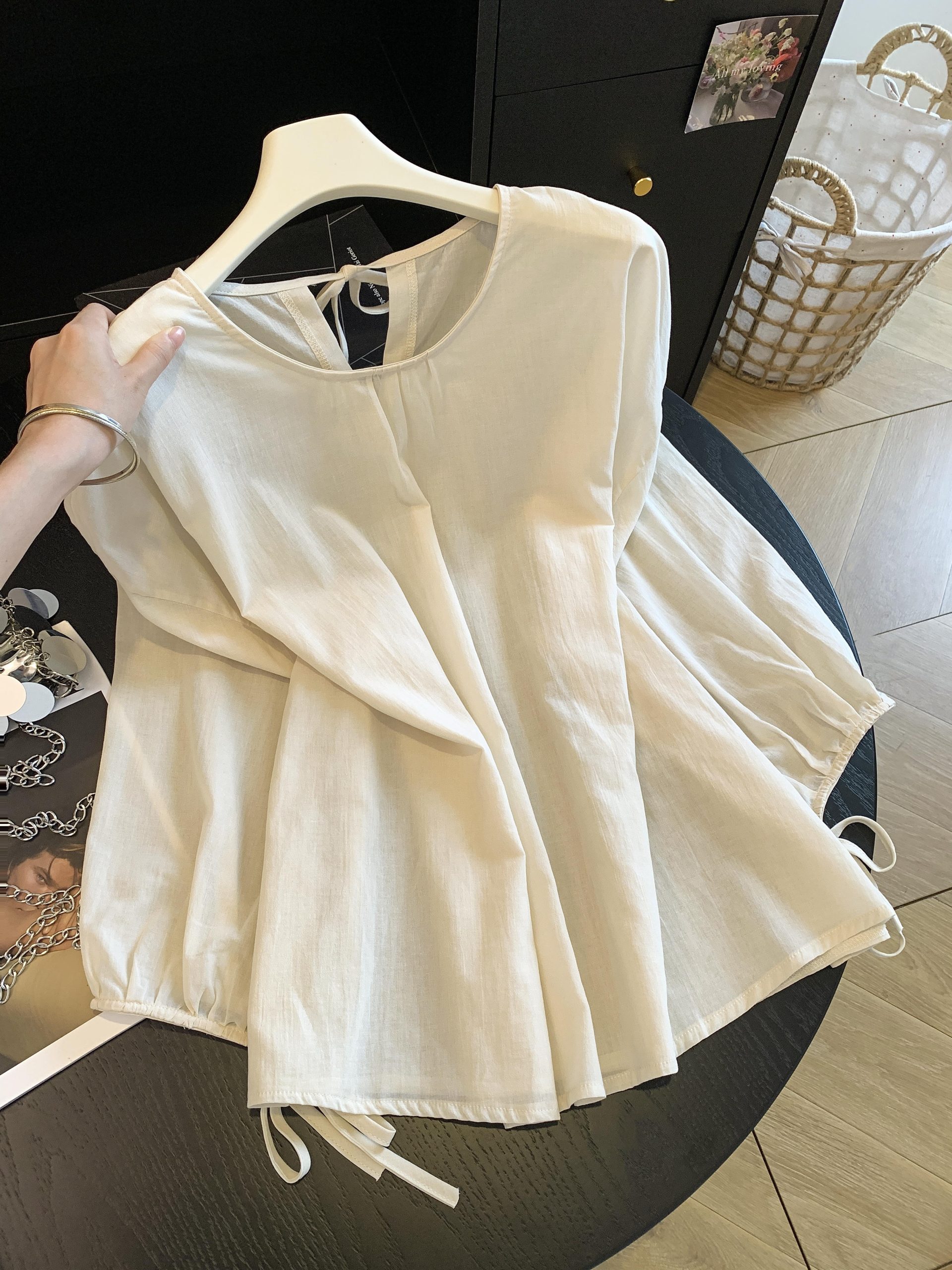 Korean Style Ramie Round Neck Lantern Sleeve Shirt Women Summer New Loose Slimming Sun Protection Blouse Top - Image 3