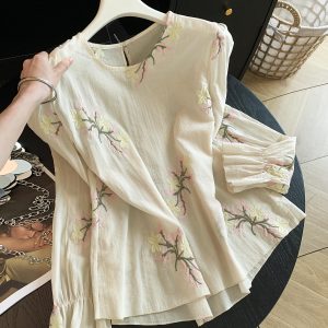 Embroidered Ramie Shirt Women's Vacation Loose Slimming Lightweight Sun Protection Top