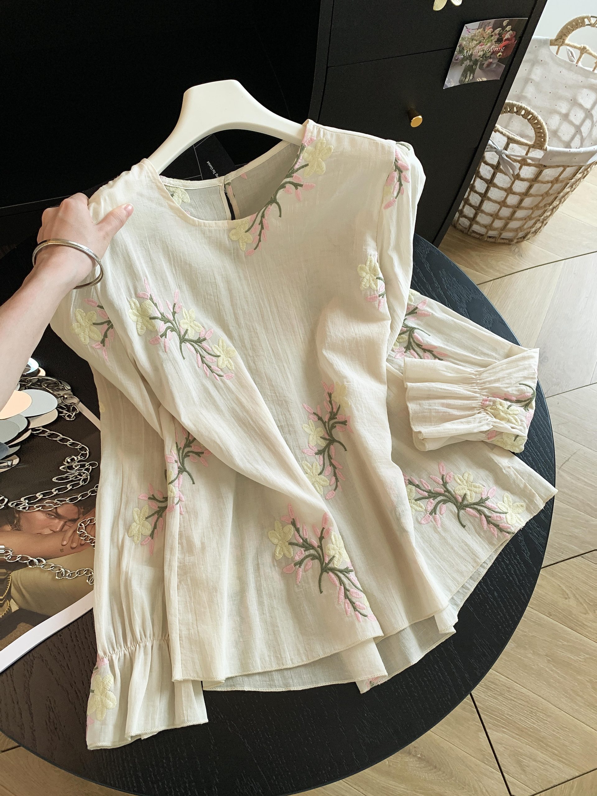 Embroidered Ramie Shirt Women's Vacation Loose Slimming Lightweight Sun Protection Top