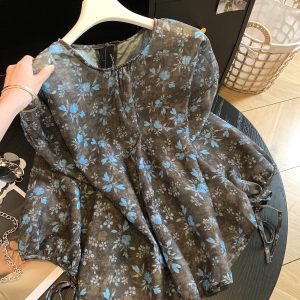 French Vintage Floral Pullover Shirt Women Summer Thin Loose Bubble Sleeve Top