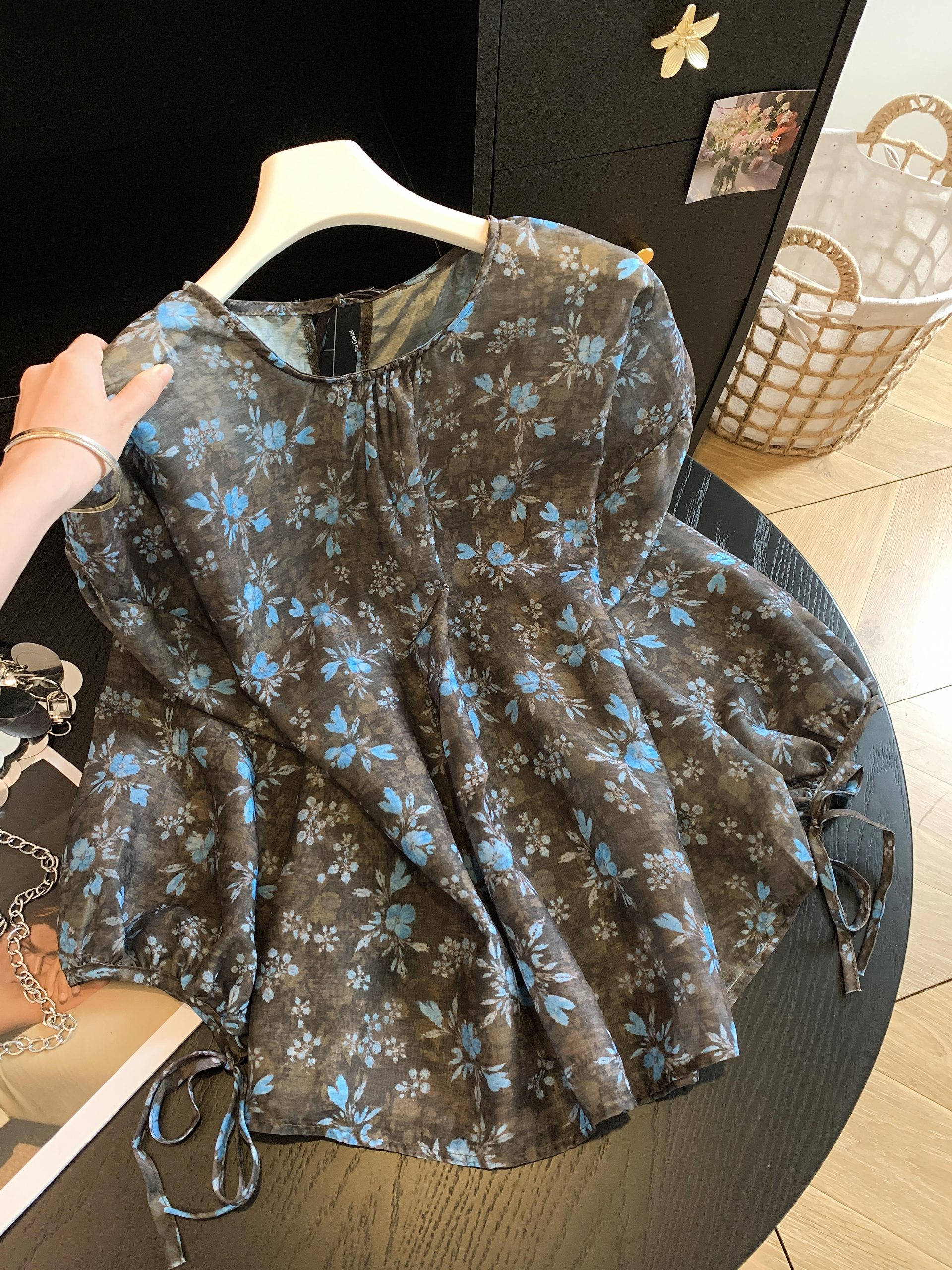French Vintage Floral Pullover Shirt Women Summer Thin Loose Bubble Sleeve Top